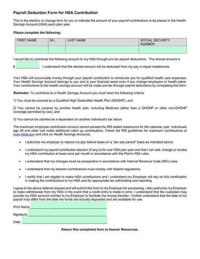 Payroll Deduction Form For HSA Contribution screenshot