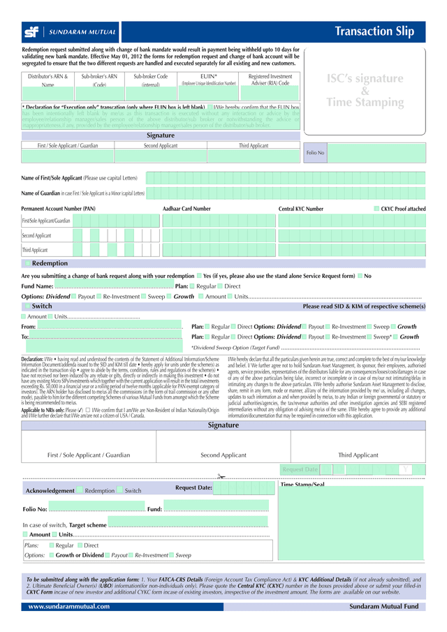 Sundaram Mutual Fund RedemptionSwitch Request Form screenshot