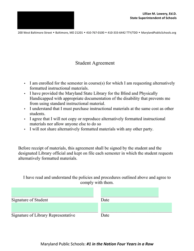 Student Agreement screenshot