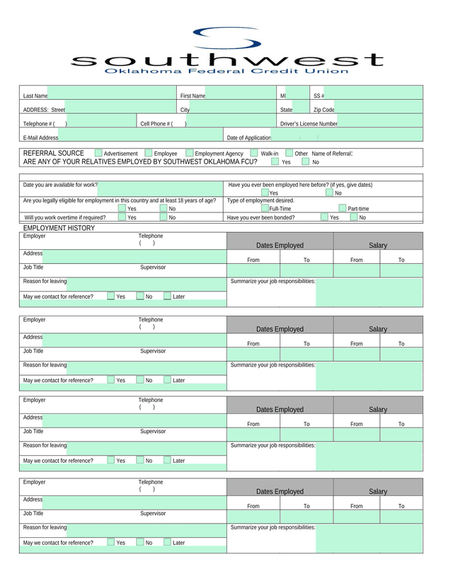 Employment Application Form screenshot