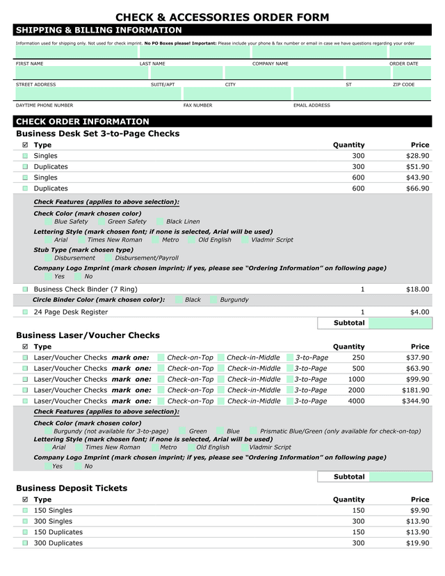 CHECK  ACCESSORIES ORDER FORM screenshot
