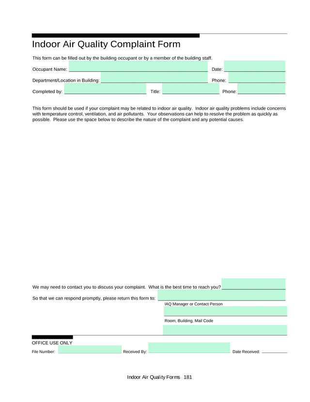 Indoor Air Quality Complaint Form screenshot