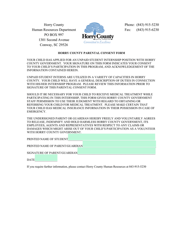 Horry County Parental Consent Form screenshot