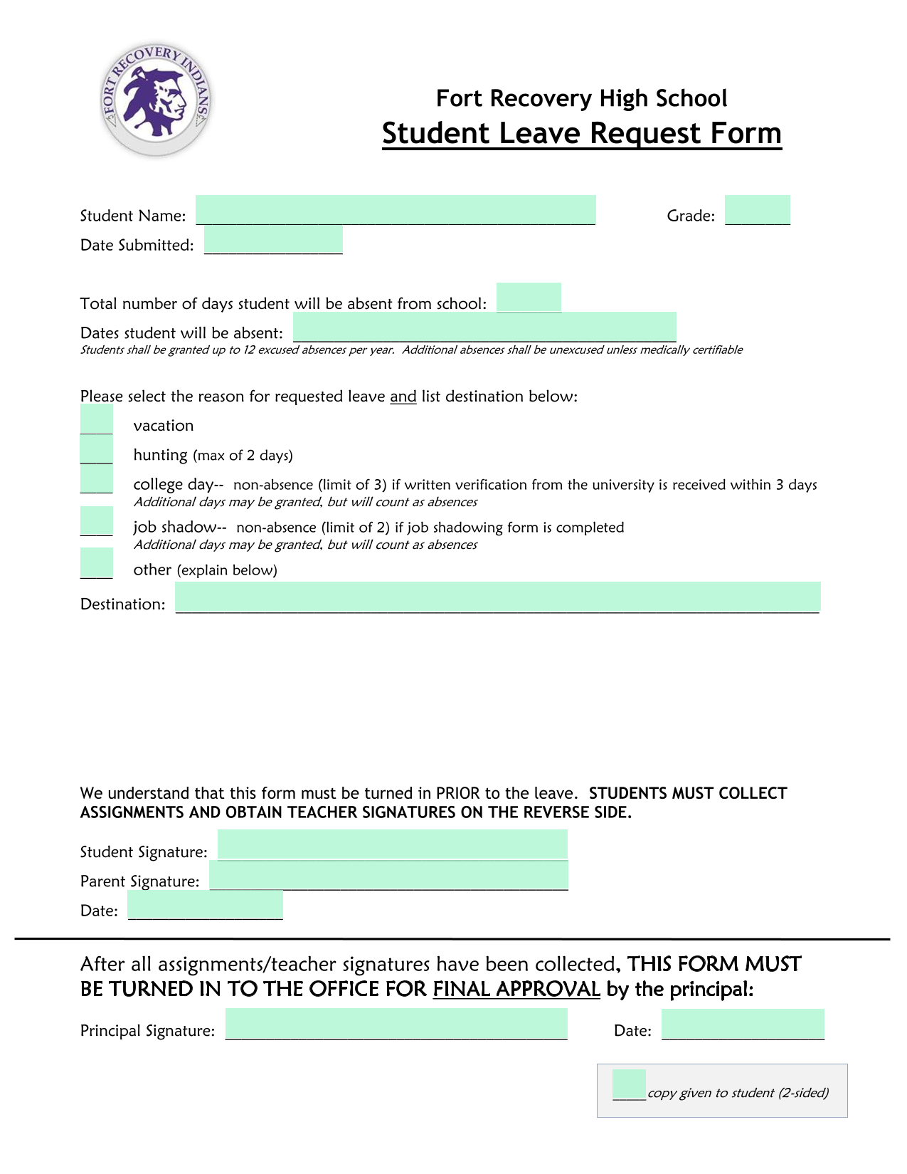Fort Recovery High School Student Leave Request Form screenshot