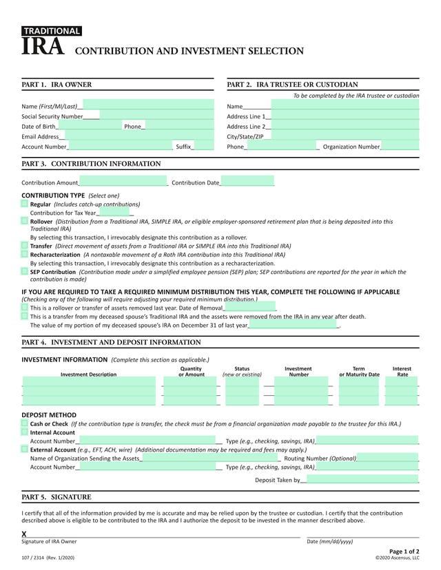 Traditional IRA Contribution And Investment Selection Form screenshot