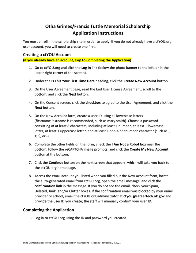 Otha GrimesFrancis Tuttle Scholarship Application Instructions screenshot