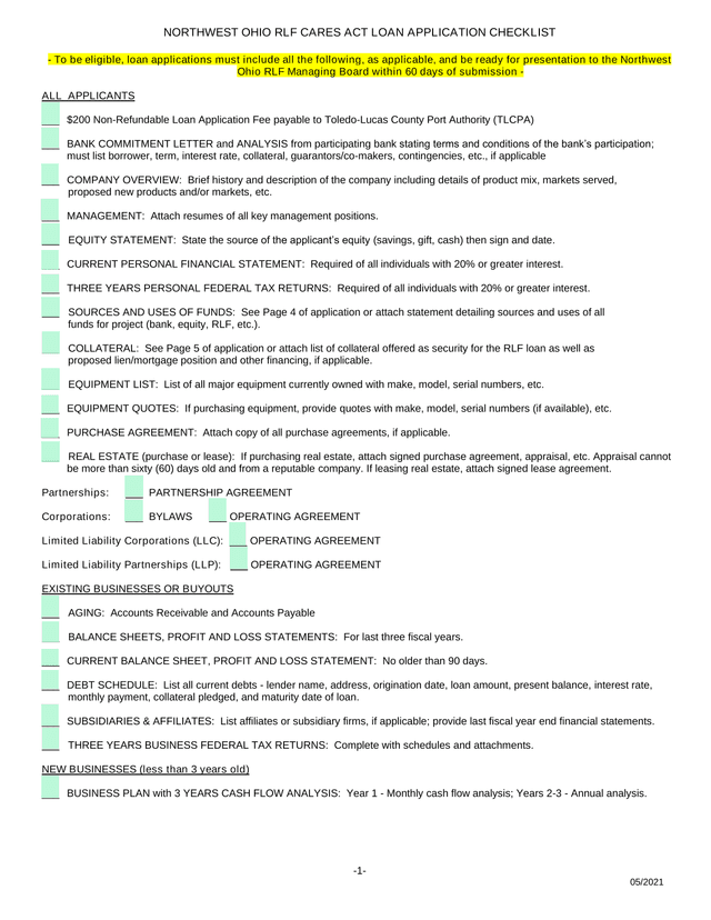 Northwest Ohio RLF CARES Act Loan Application Checklist screenshot