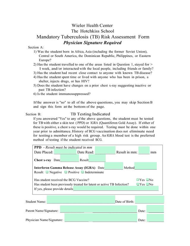 Mandatory Tuberculosis (TB) Risk Assessment Form screenshot
