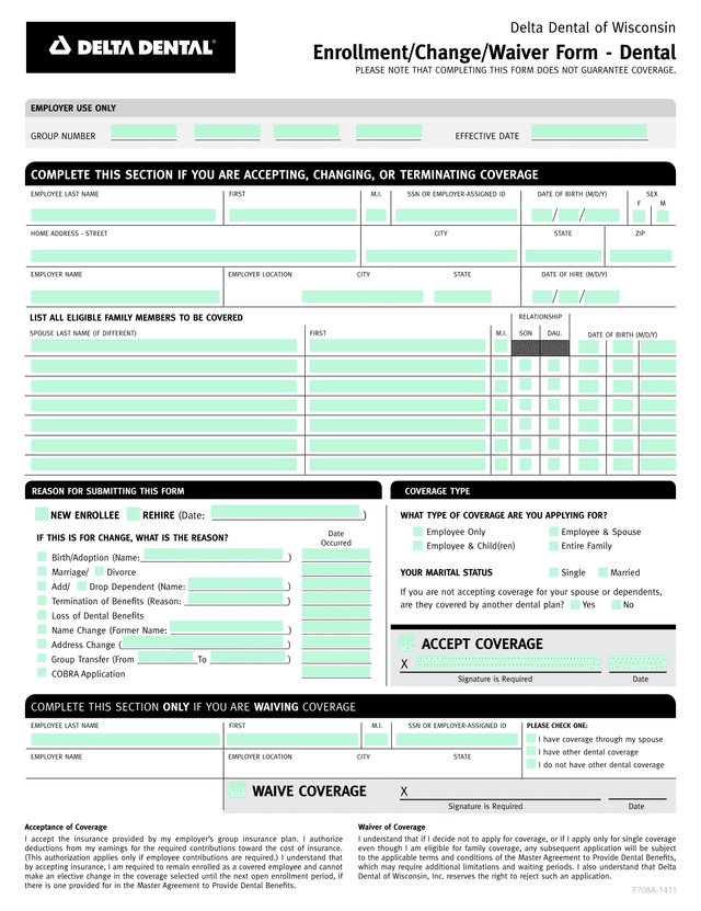 Delta Dental Of Wisconsin EnrollmentChangeWaiver Form   Dental screenshot