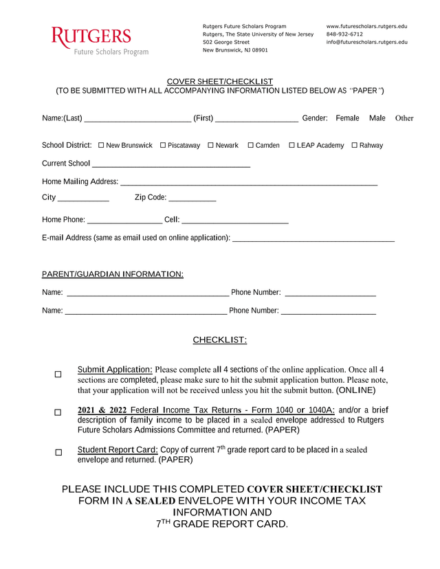 Rutgers Future Scholars Program Cover SheetChecklist screenshot