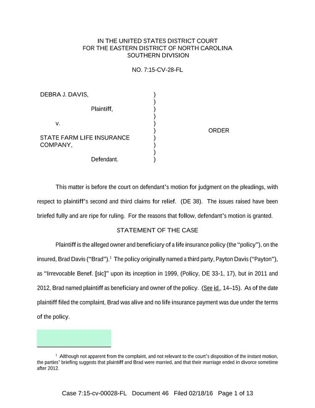 Order   Davis V. State Farm Life Insurance Company screenshot