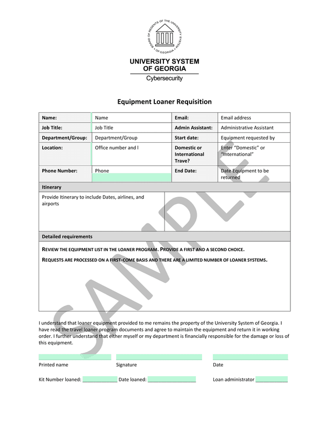 Equipment Loaner Requisition screenshot