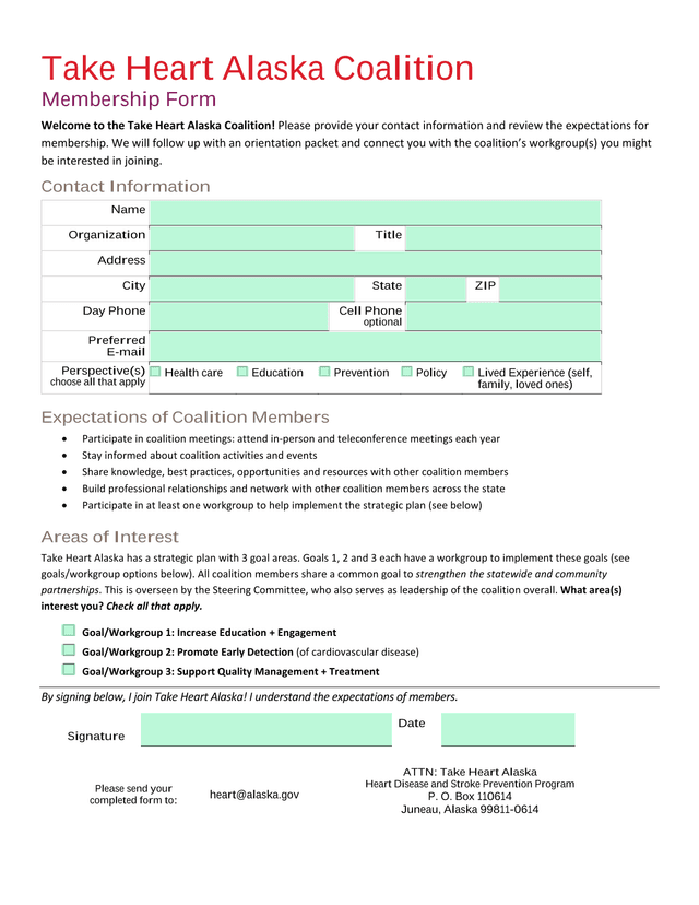 Take Heart Alaska Coalition Membership Form screenshot