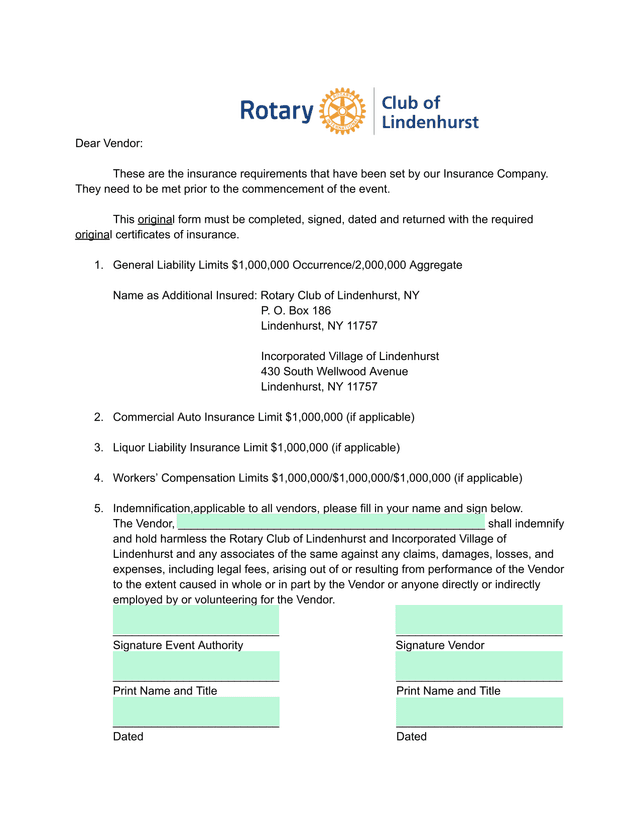 Insurance Requirements Form screenshot