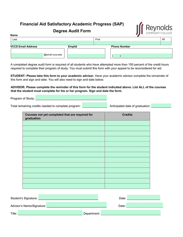 Financial Aid Satisfactory Academic Progress (SAP) Degree Audit Form screenshot