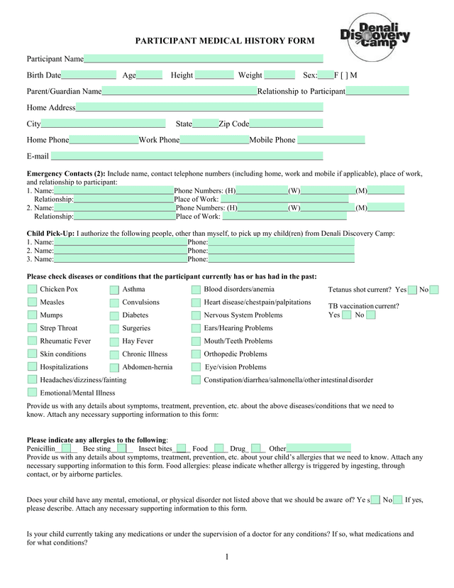 PARTICIPANT MEDICAL HISTORY FORM screenshot