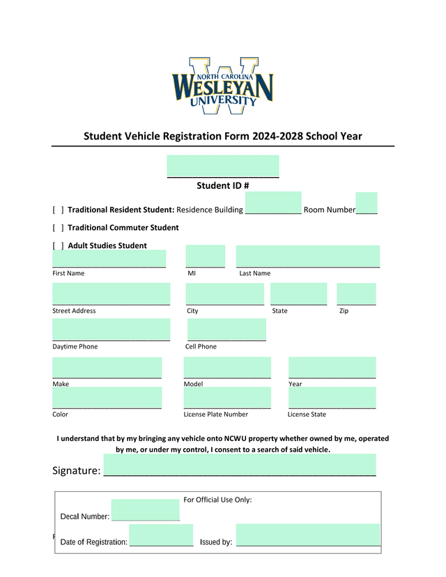 Student Vehicle Registration Form 2024 2028 School Year screenshot