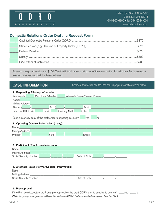 Domestic Relations Order Drafting Request Form screenshot