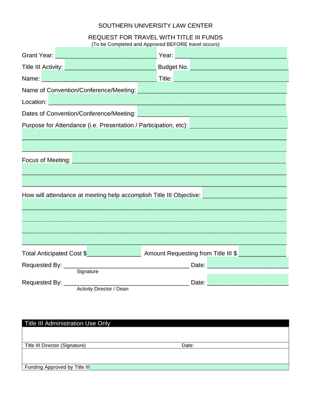 REQUEST FOR TRAVEL WITH TITLE III FUNDS screenshot