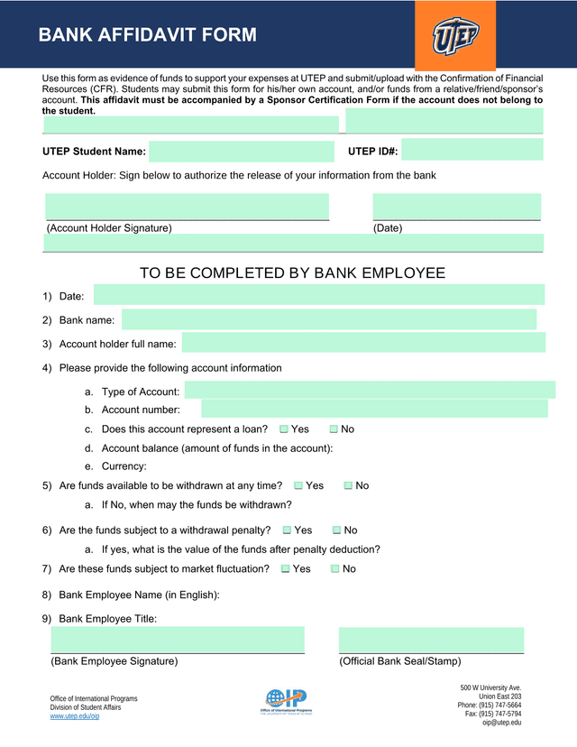BANK AFFIDAVIT FORM screenshot