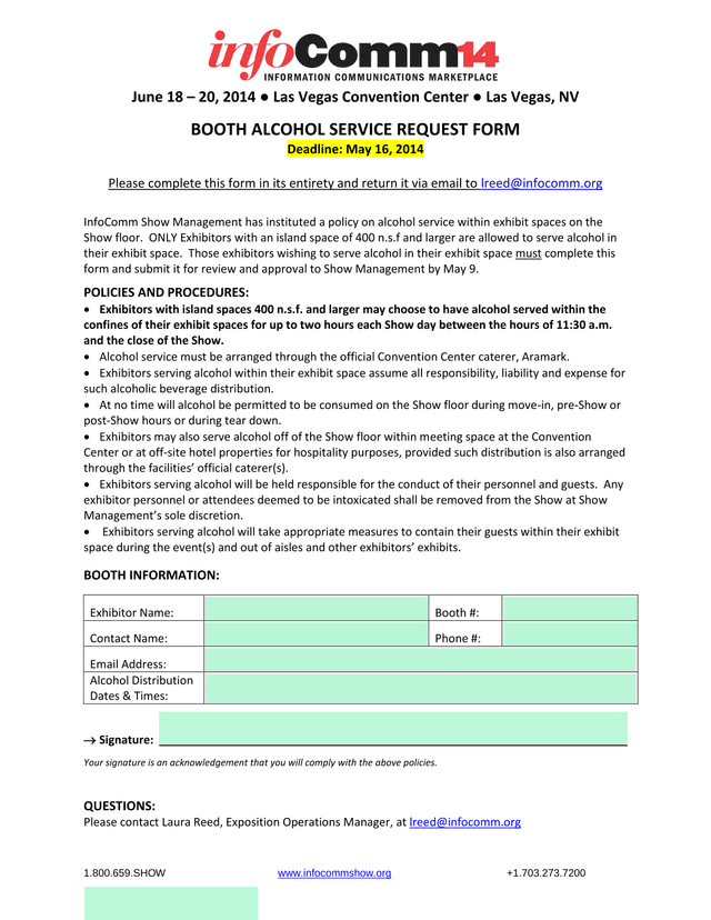 Booth Alcohol Service Request Form screenshot