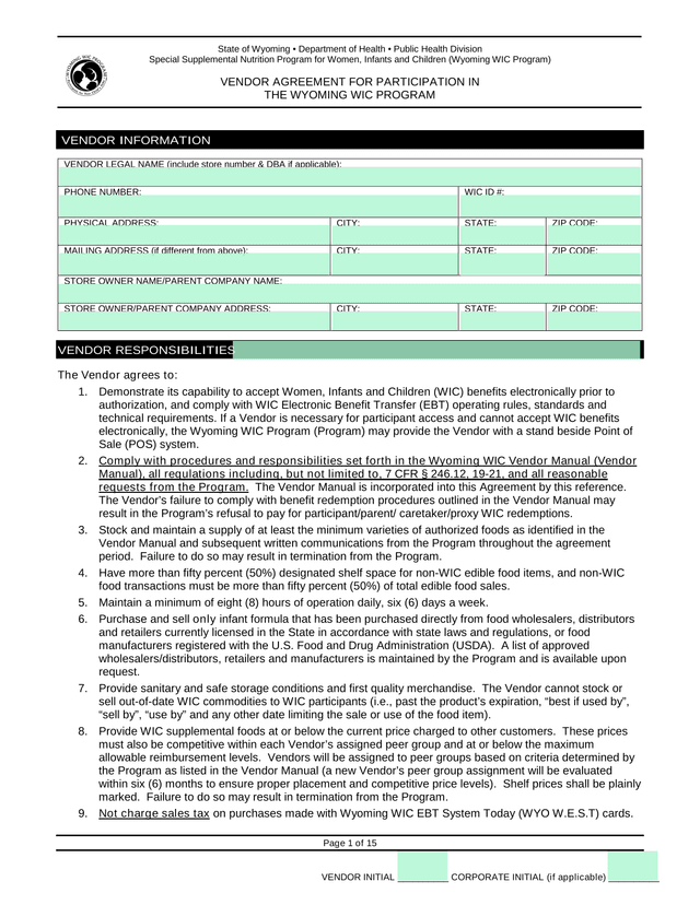 VENDOR AGREEMENT FOR PARTICIPATION IN THE WYOMING WIC PROGRAM screenshot