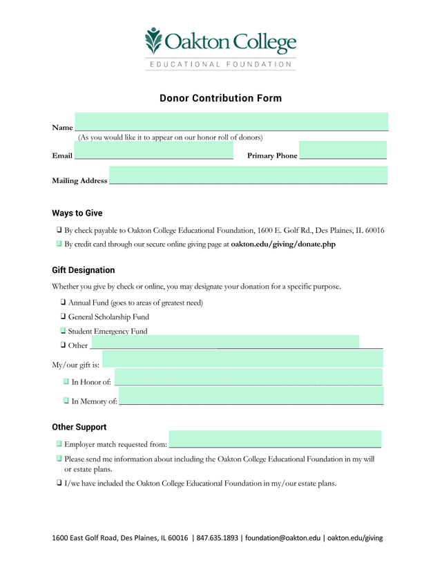 Donor Contribution Form screenshot