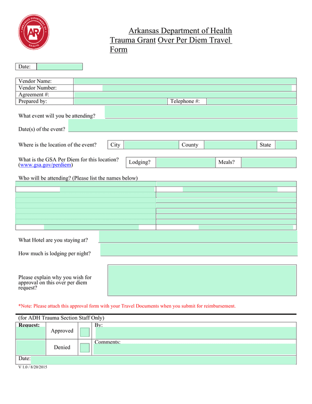 Arkansas Department Of Health Trauma Grant Over Per Diem Travel Form screenshot