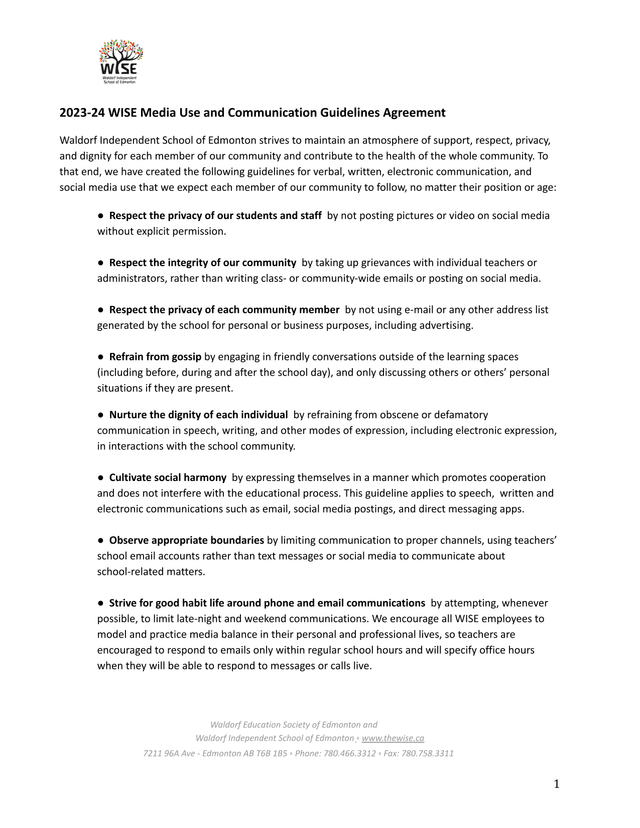 2023 24 WISE Media Use And Communication Guidelines Agreement screenshot