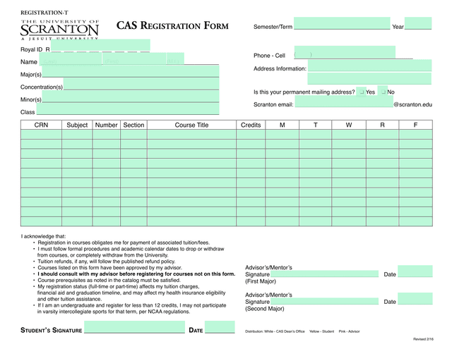 CAS RegiStRAtion FoRm screenshot