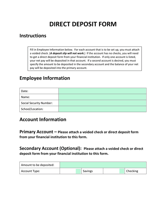 Direct Deposit Form screenshot