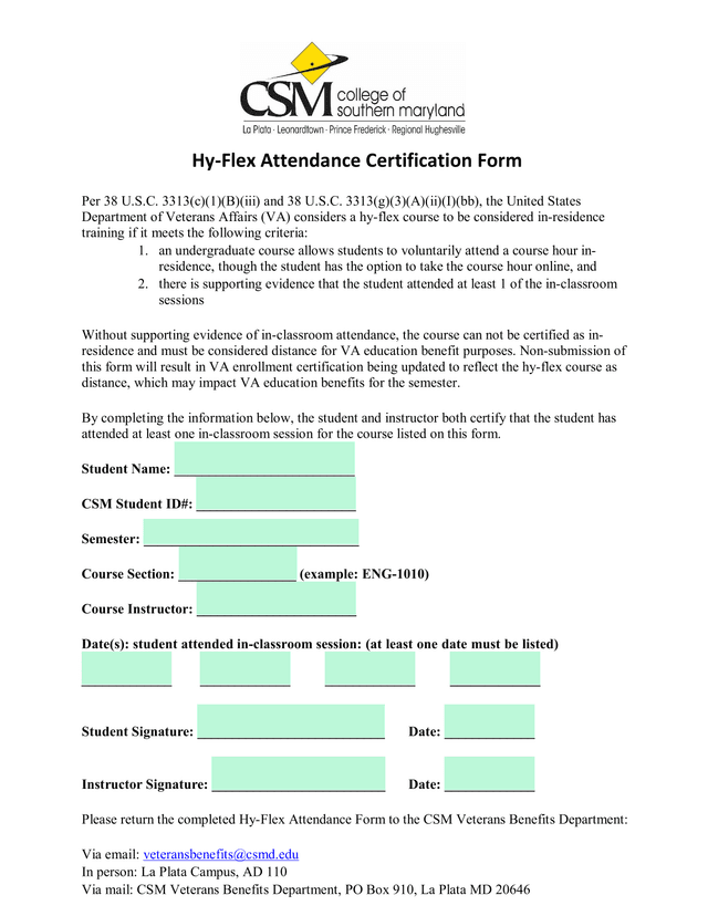 Hy Flex Attendance Certification Form screenshot