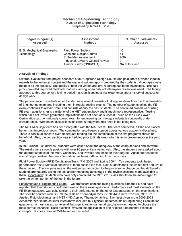 Mechanical Engineering Technology Assessment Report screenshot