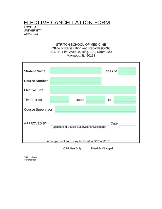 Elective Cancellation Form screenshot