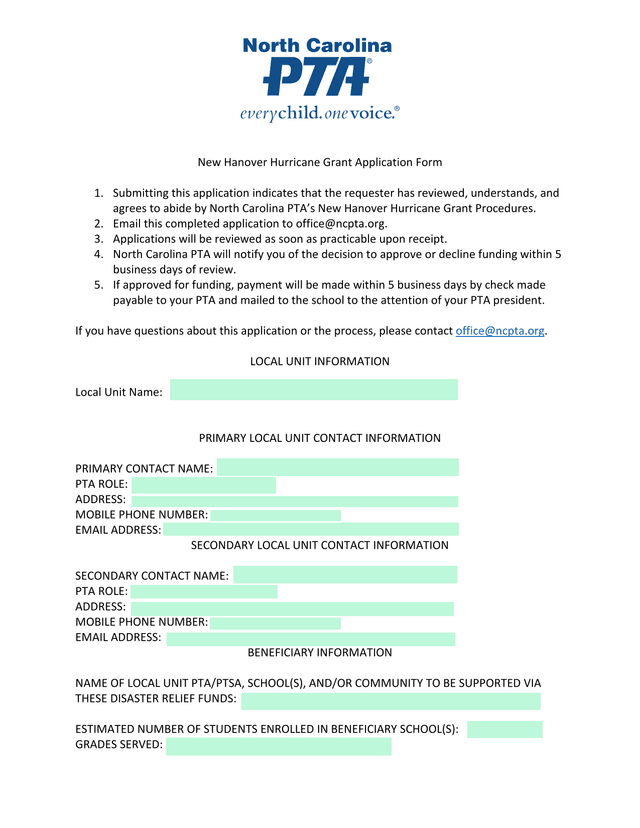 New Hanover Hurricane Grant Application Form screenshot