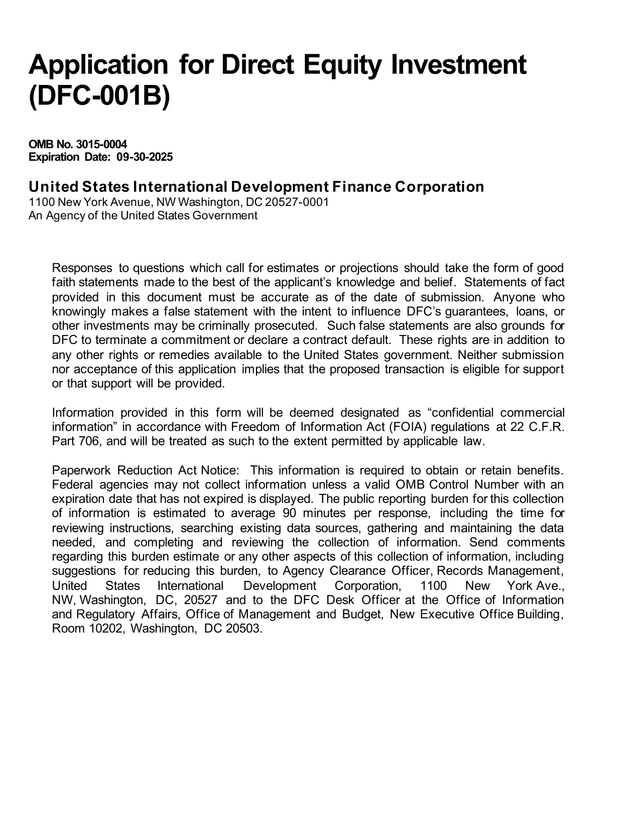 Application For Direct Equity Investment (DFC 001B) screenshot
