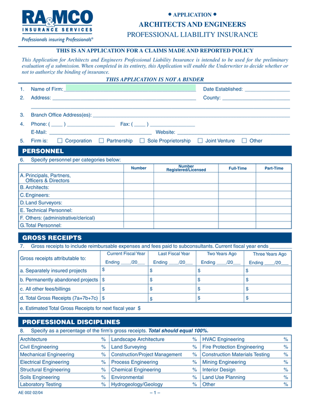 ARCHITECTS AND ENGINEERS PROFESSIONAL LIABILITY INSURANCE APPLICATION screenshot