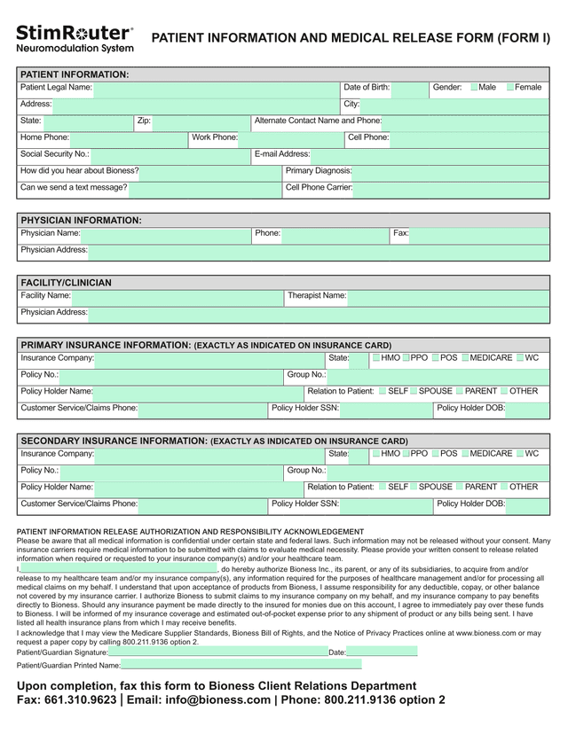 PATIENT INFORMATION AND MEDICAL RELEASE FORM (FORM I) screenshot