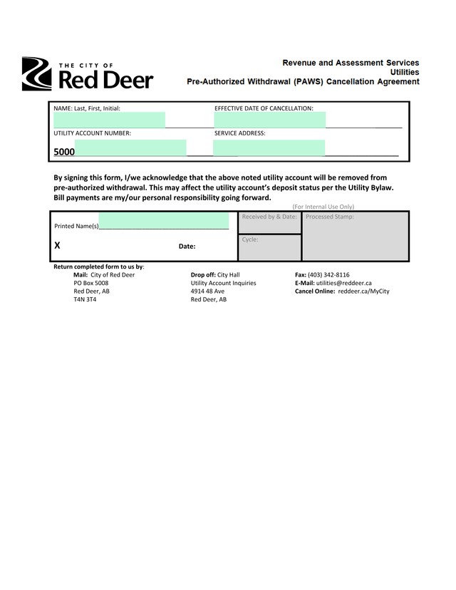 Utility Account Pre Authorized Withdrawal Cancellation Form screenshot