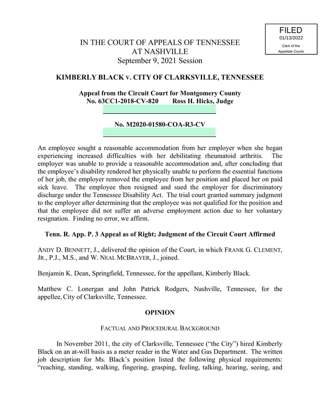 Kimberly Black V. City Of Clarksville, Tennessee screenshot
