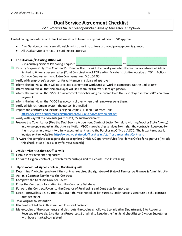 Dual Service Agreement Checklist screenshot