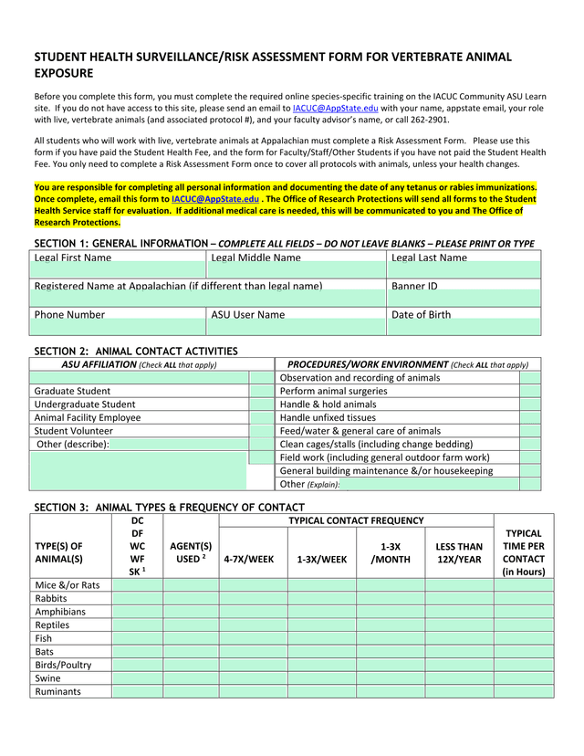Student Health SurveillanceRisk Assessment Form For Vertebrate Animal Exposure screenshot