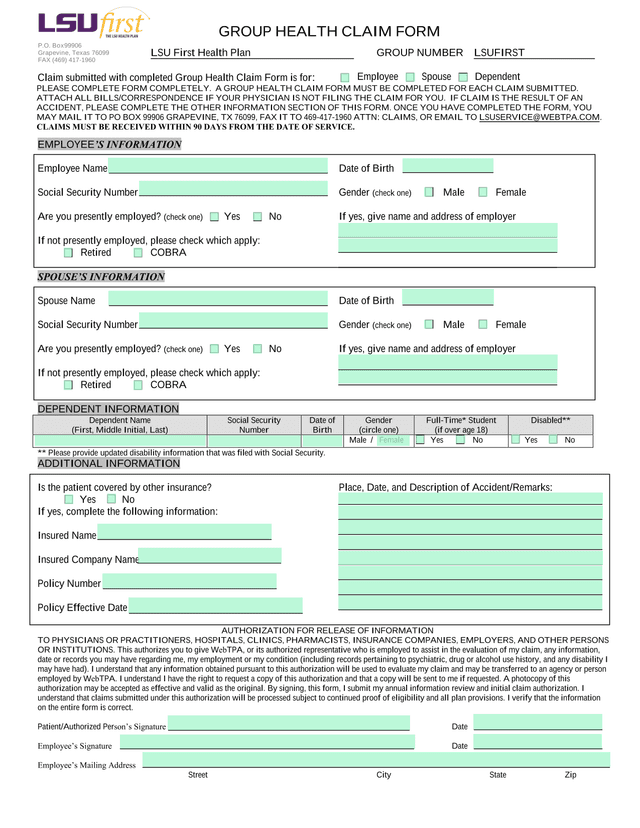 Group Health Claim Form screenshot
