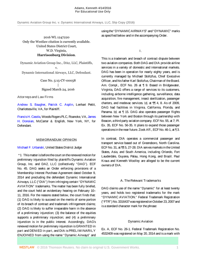 Memorandum Opinion Dynamic Aviation Group Inc. V. Dynamic International Airways, LLC screenshot
