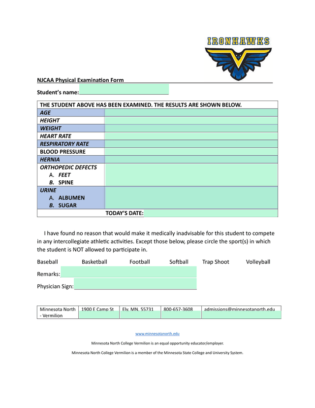 NJCAA Physical Examination Form screenshot