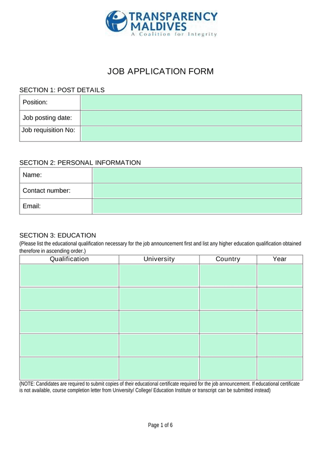 JOB APPLICATION FORM screenshot