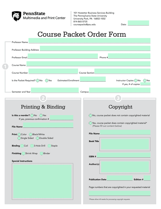 Course Packet Order Form screenshot