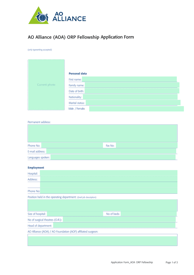 AO Alliance (AOA) ORP Fellowship Application Form screenshot