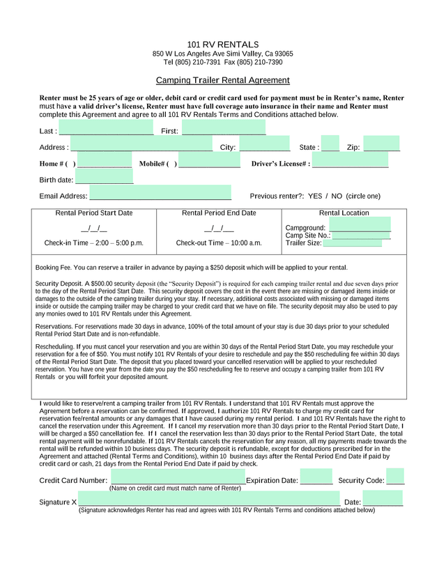 Camping Trailer Rental Agreement screenshot
