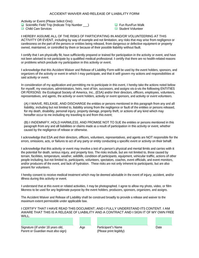 Accident Waiver And Release Of Liability Form screenshot